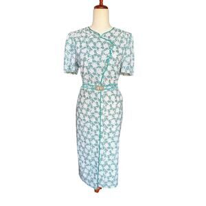 Vintage 40s/50s Day Dress Womens Green White Floral Woven Belted Lined Small 6/8
